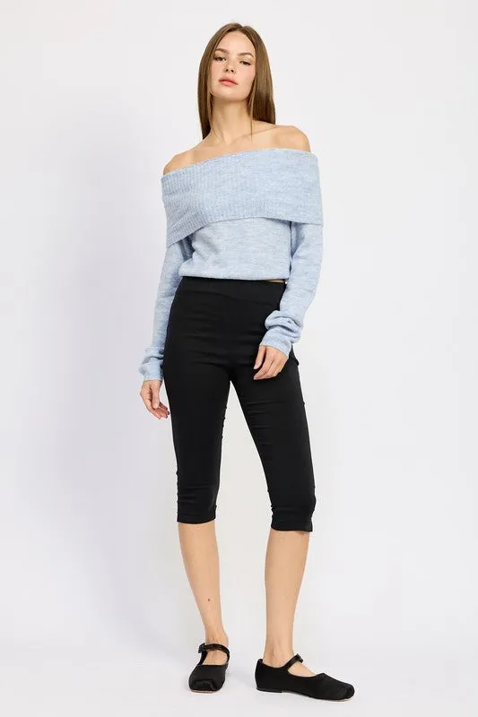 Light Blue Off Shoulder Long Sleeve Fold Over Top