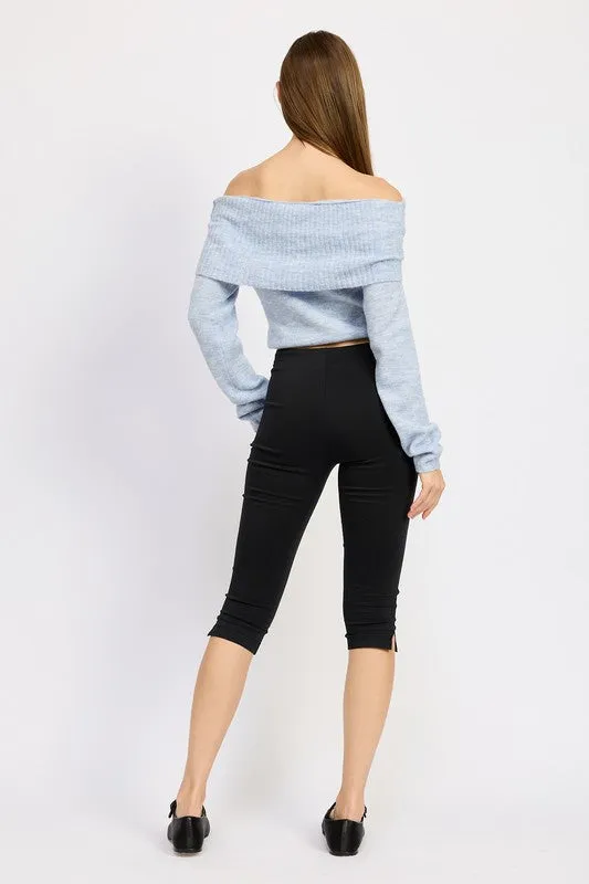 Light Blue Off Shoulder Long Sleeve Fold Over Top