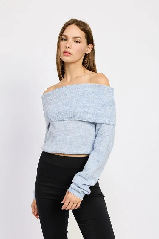 Light Blue Off Shoulder Long Sleeve Fold Over Top