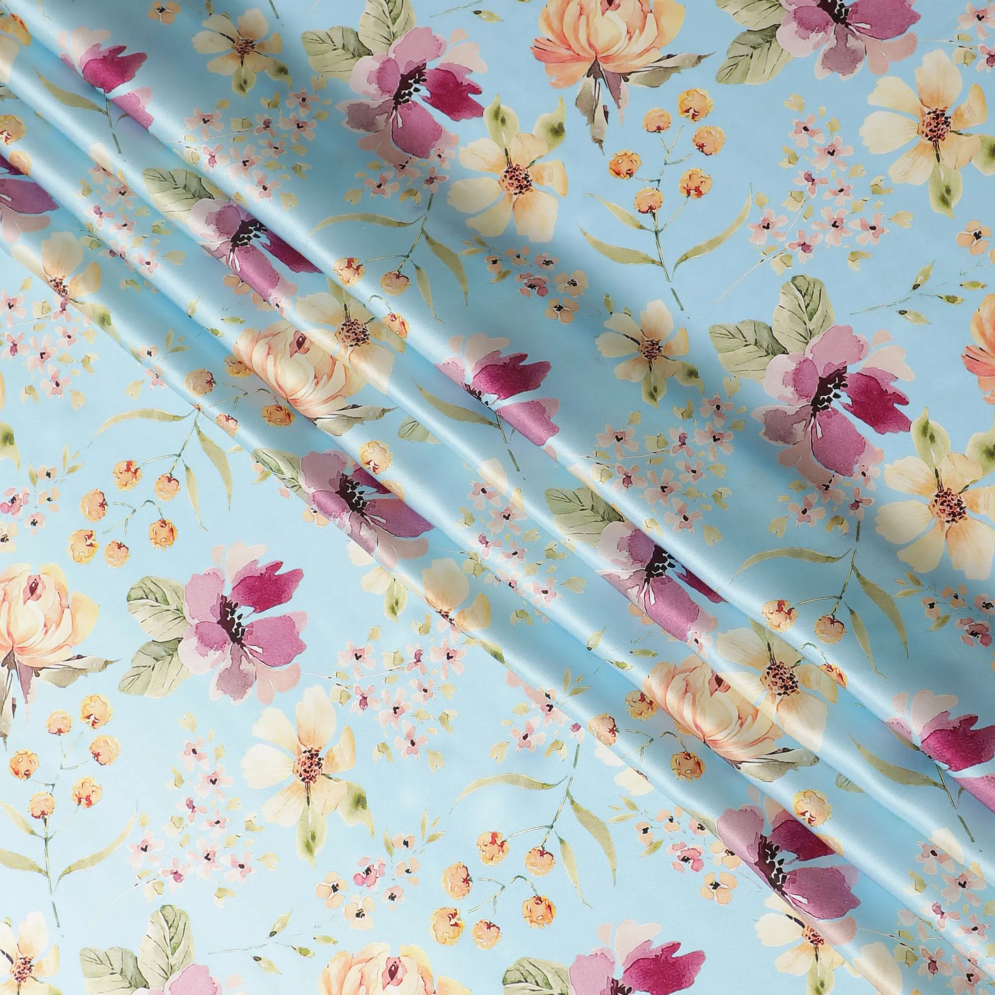 Light Blue Pure Silk Satin Fabric with Romantic Floral Print - Premium Italian Fabric, 140cm Wide-D18699