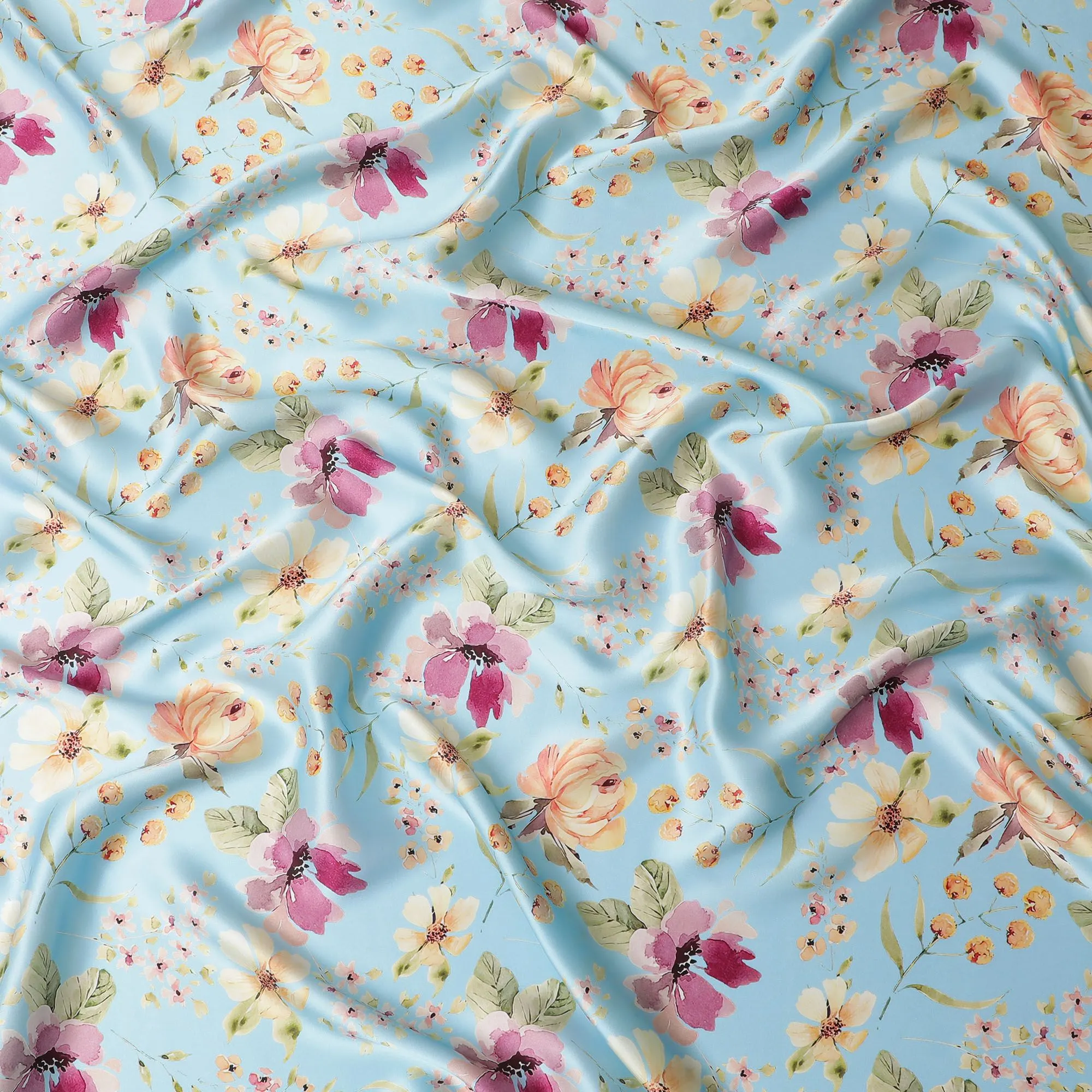 Light Blue Pure Silk Satin Fabric with Romantic Floral Print - Premium Italian Fabric, 140cm Wide-D18699