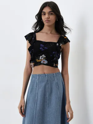 LOV Black Floral Design Crop Top