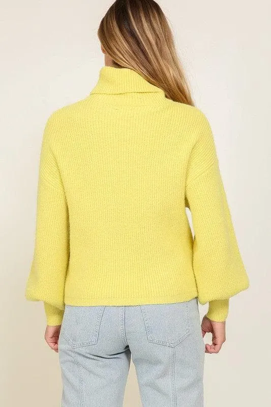 LUMIERE Rib Knitted Turtleneck Sweater with Bishop Sleeve