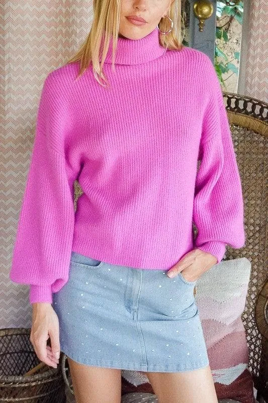 LUMIERE Rib Knitted Turtleneck Sweater with Bishop Sleeve