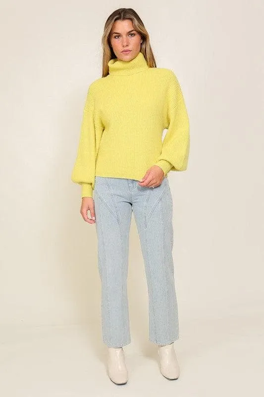 LUMIERE Rib Knitted Turtleneck Sweater with Bishop Sleeve