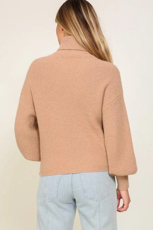 LUMIERE Rib Knitted Turtleneck Sweater with Bishop Sleeve