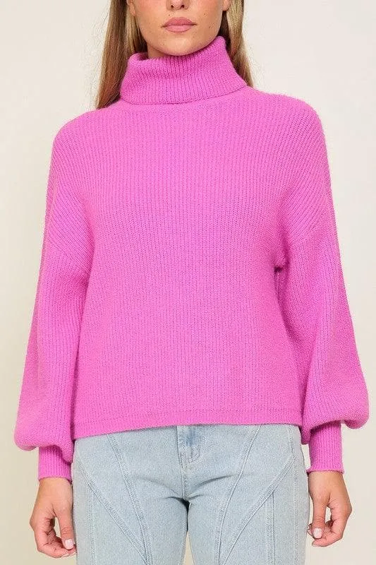 LUMIERE Rib Knitted Turtleneck Sweater with Bishop Sleeve