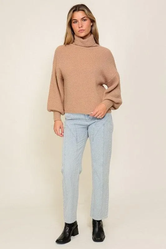 LUMIERE Rib Knitted Turtleneck Sweater with Bishop Sleeve