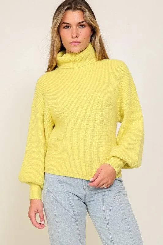 LUMIERE Rib Knitted Turtleneck Sweater with Bishop Sleeve