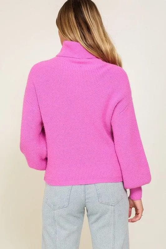 LUMIERE Rib Knitted Turtleneck Sweater with Bishop Sleeve