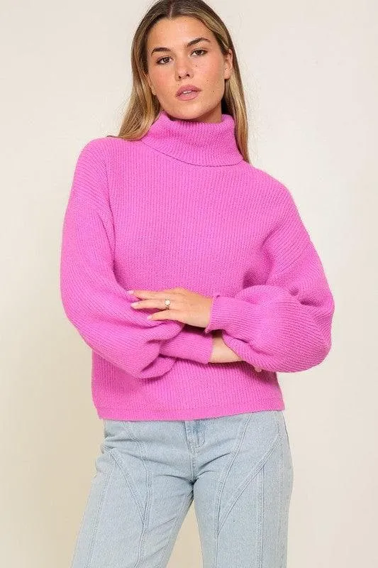 LUMIERE Rib Knitted Turtleneck Sweater with Bishop Sleeve