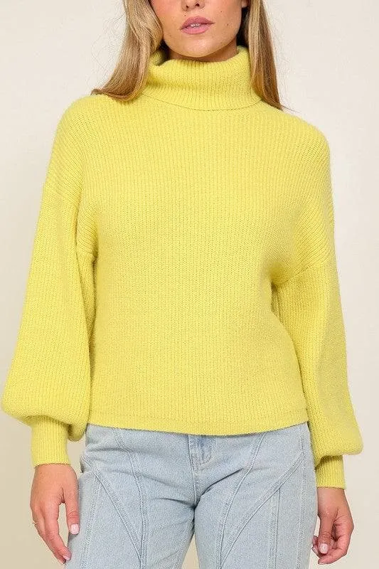 LUMIERE Rib Knitted Turtleneck Sweater with Bishop Sleeve