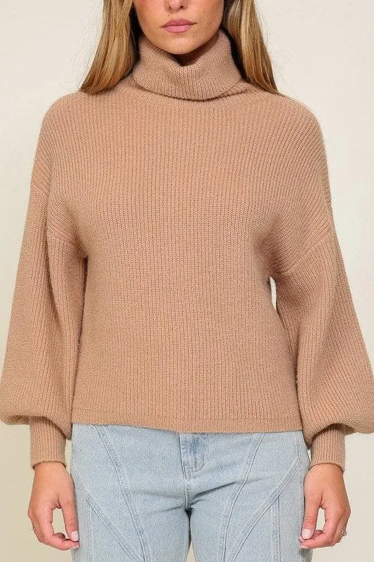 LUMIERE Rib Knitted Turtleneck Sweater with Bishop Sleeve