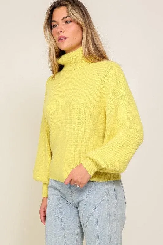 LUMIERE Rib Knitted Turtleneck Sweater with Bishop Sleeve