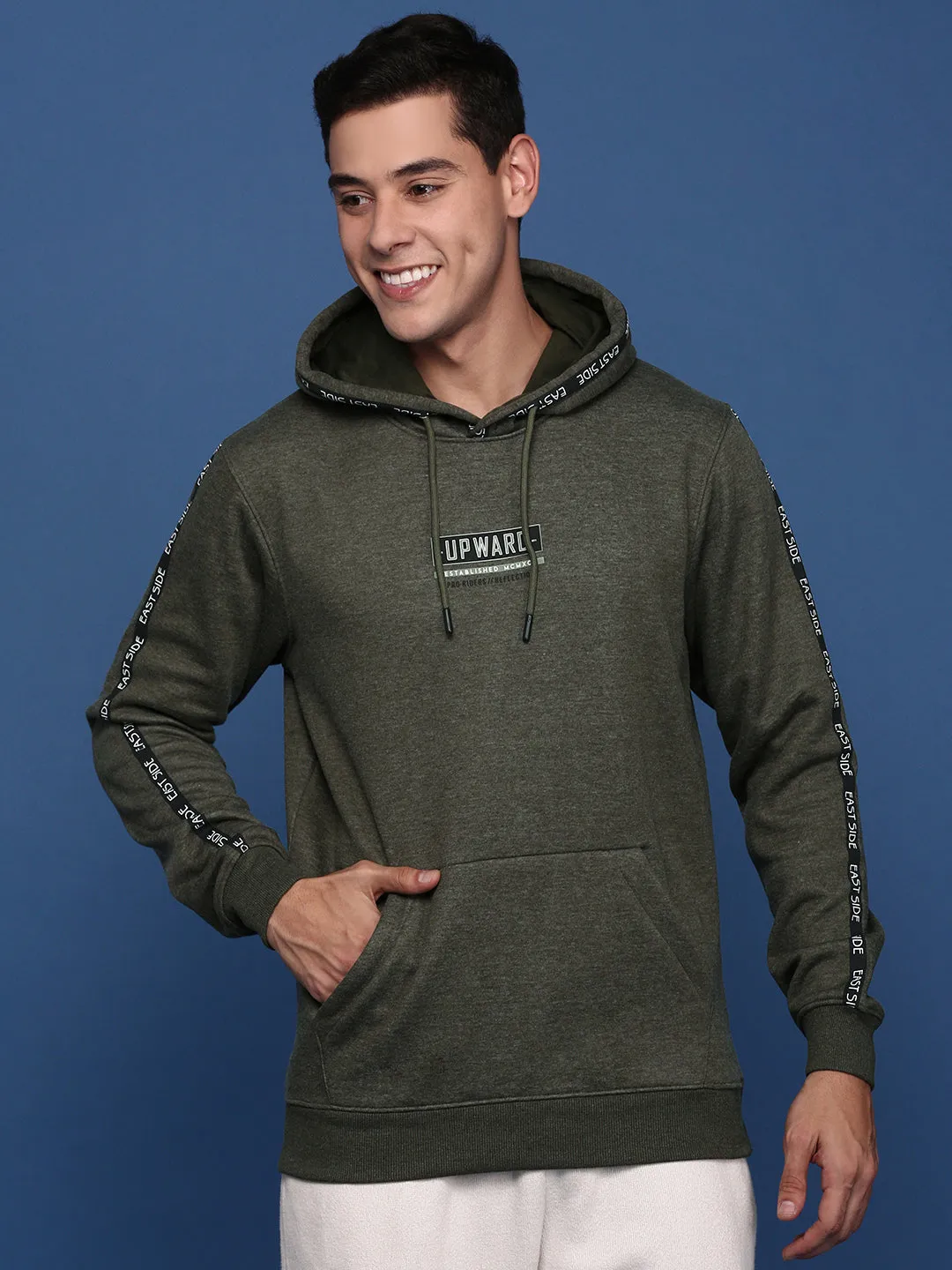 Men Hooded Solid Olive Pullover