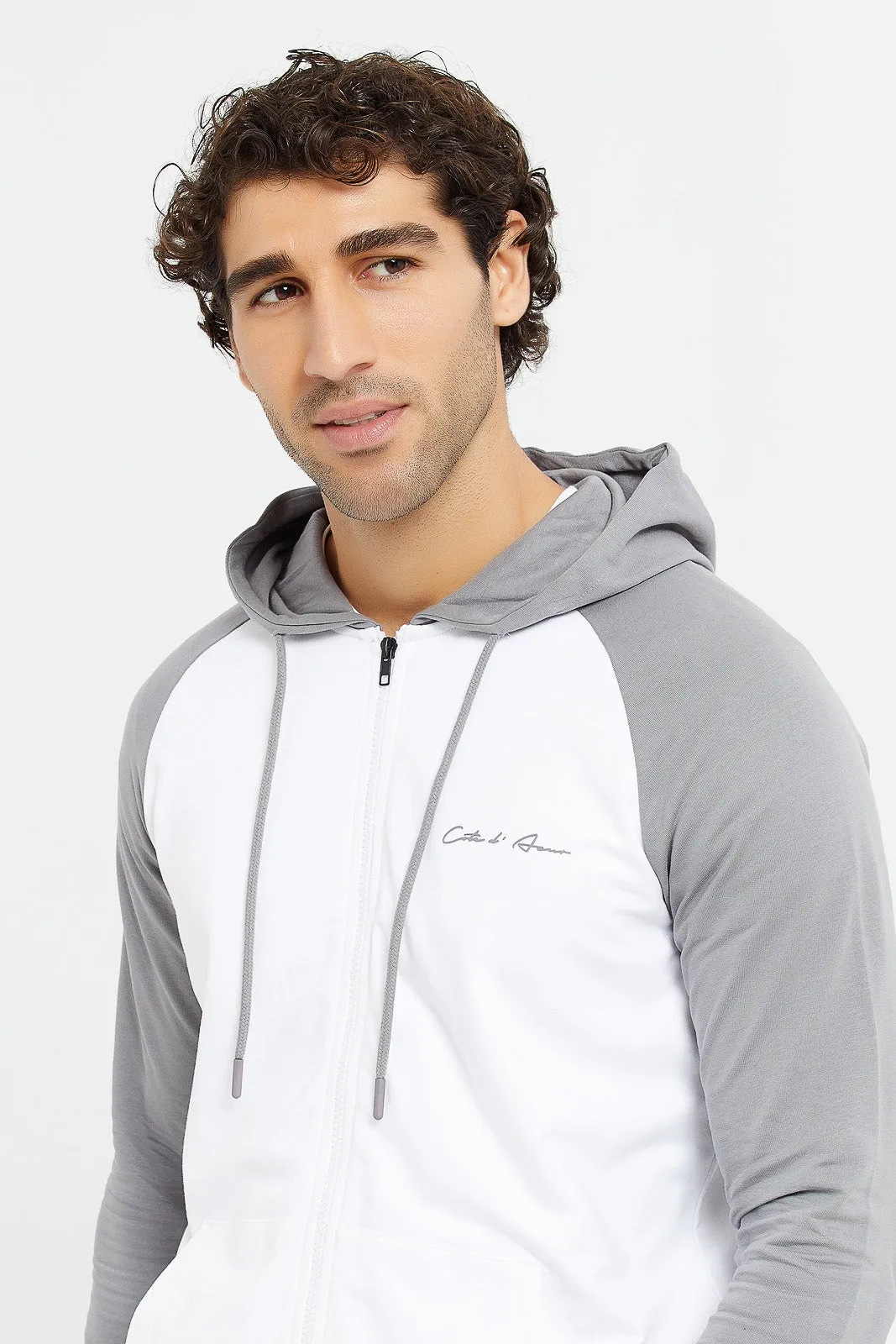 Men White And Grey Raglan Hooded Sweatshirt