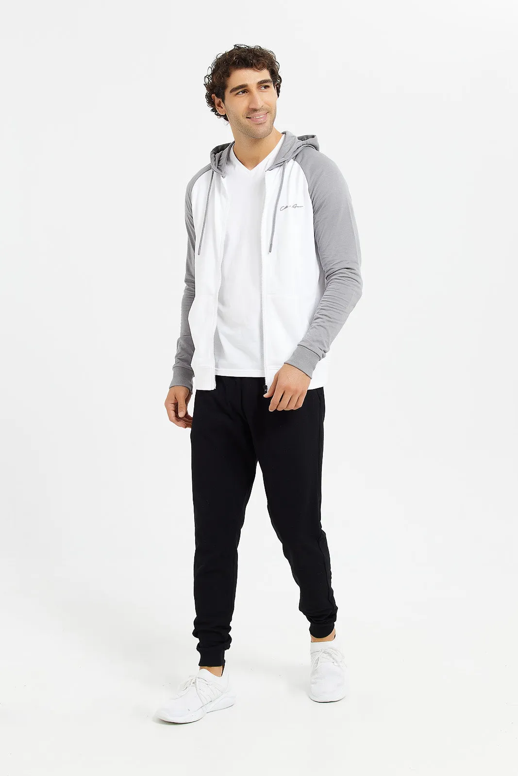 Men White And Grey Raglan Hooded Sweatshirt