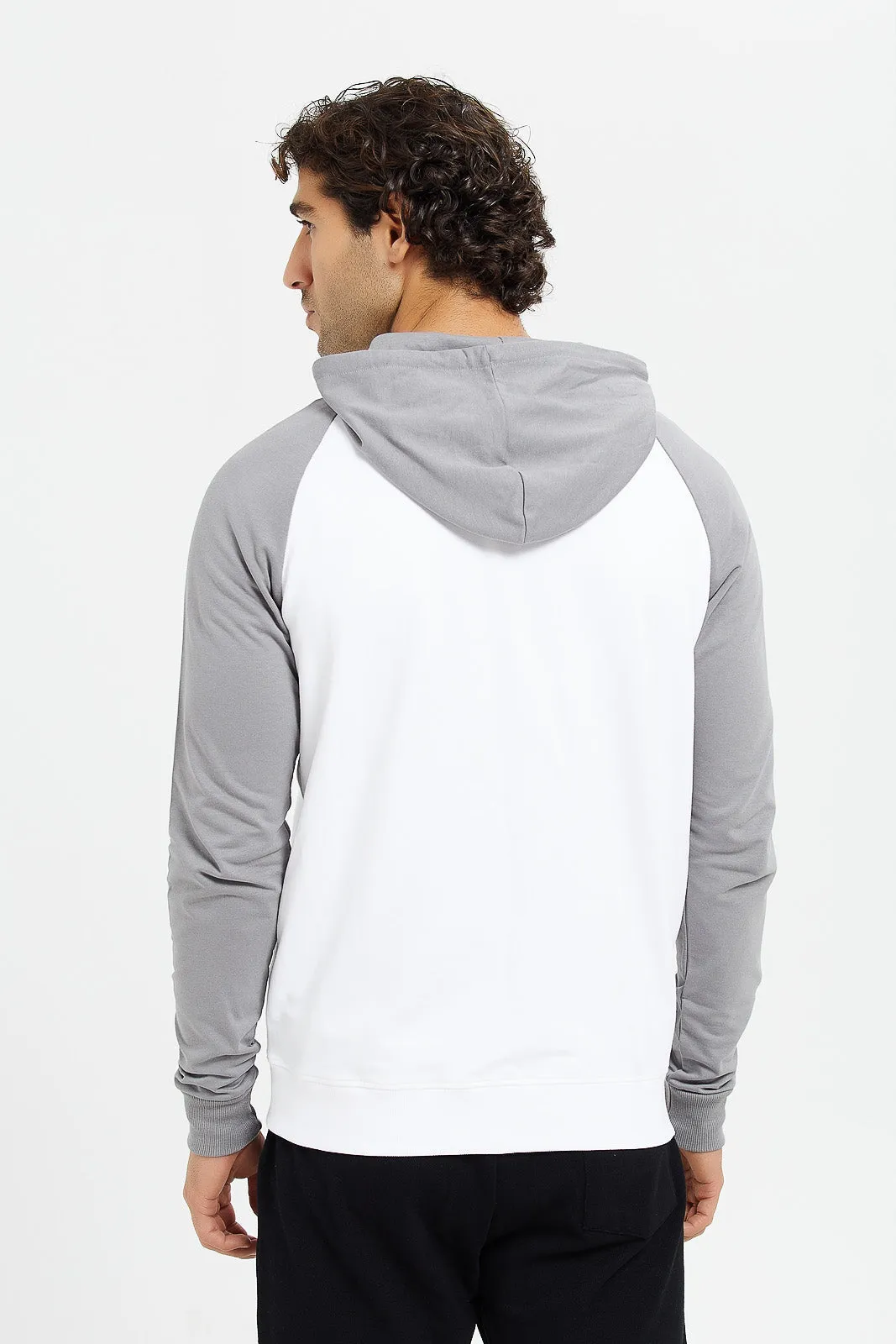 Men White And Grey Raglan Hooded Sweatshirt