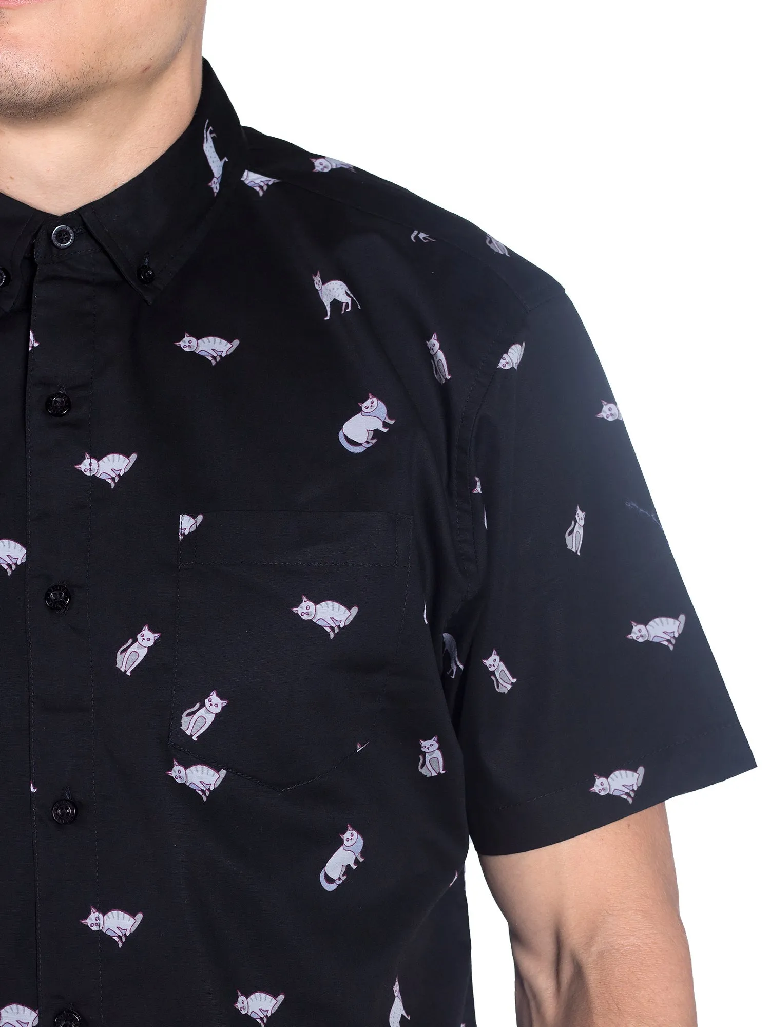 Mens Button Down Shirt - Cats Black ( Stretch )