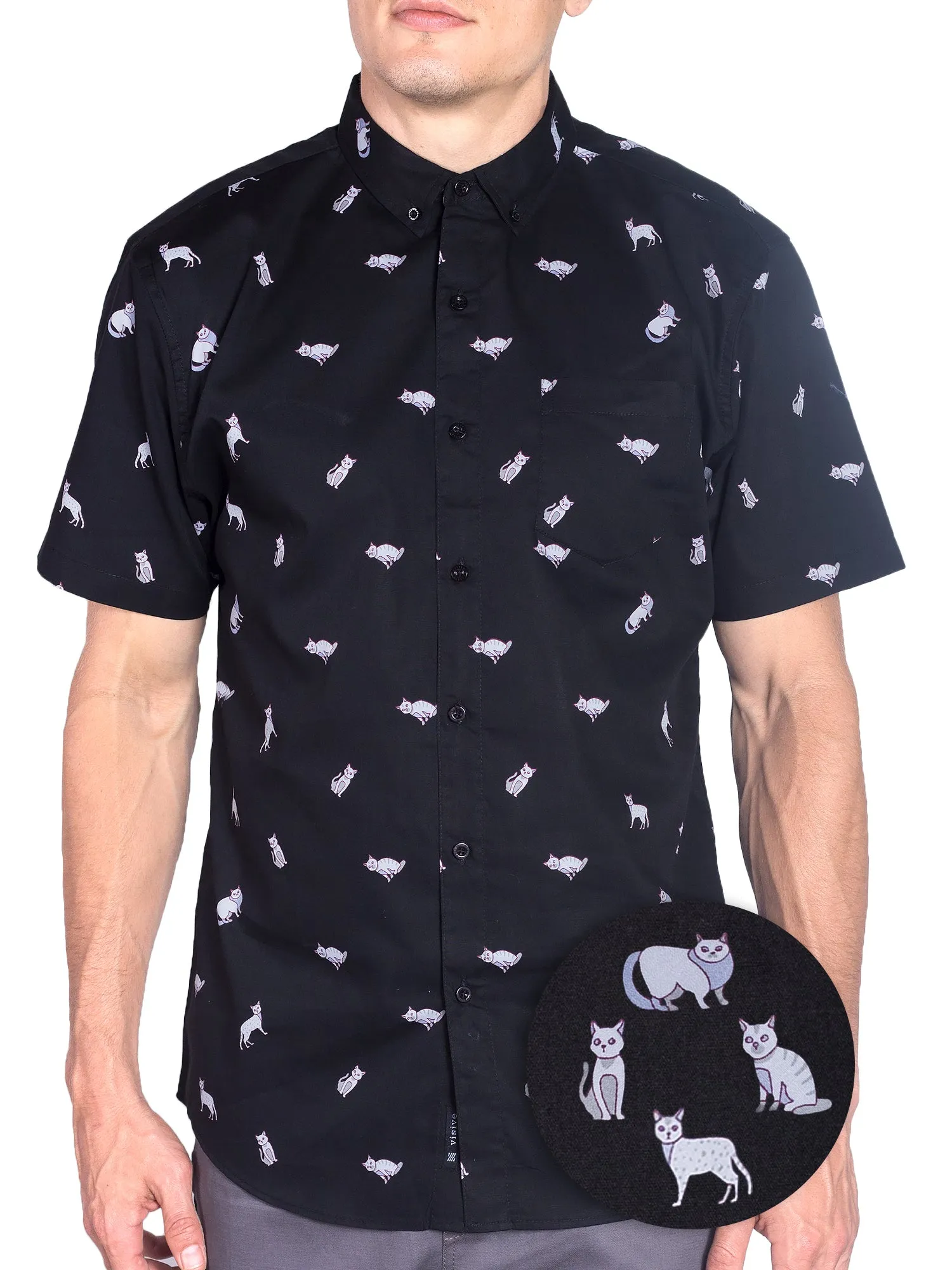 Mens Button Down Shirt - Cats Black ( Stretch )