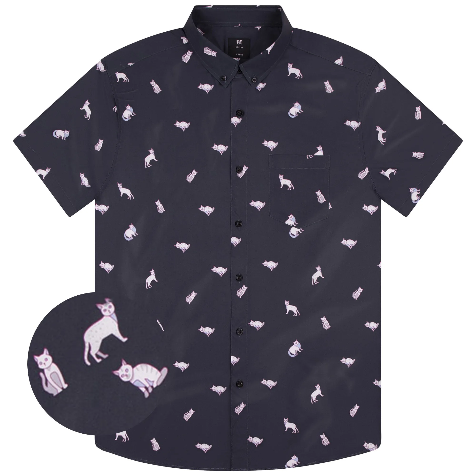 Mens Button Down Shirt - Cats Black ( Stretch )