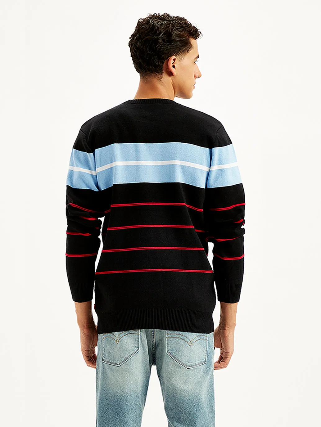 Men's Striped Black Crew Neck Sweater