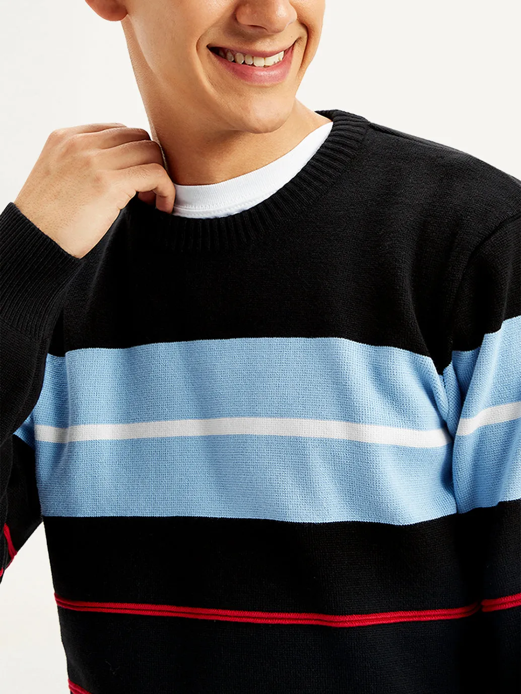 Men's Striped Black Crew Neck Sweater