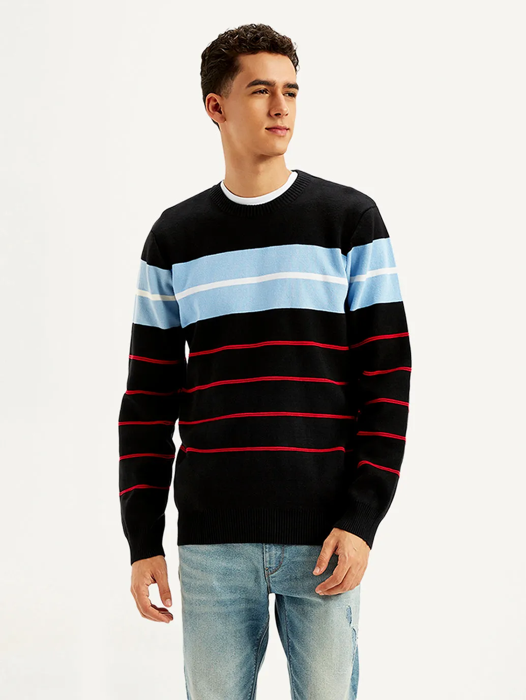 Men's Striped Black Crew Neck Sweater