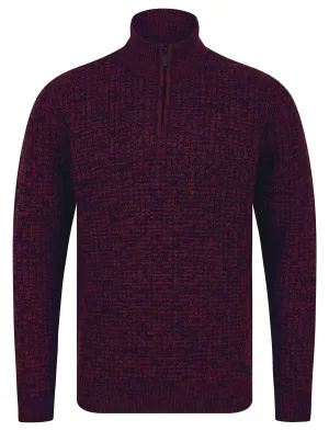 Merson Quarter Zip Funnel Neck Wool Blend Knitted Jumper in Claret / Black Twist - Tokyo Laundry