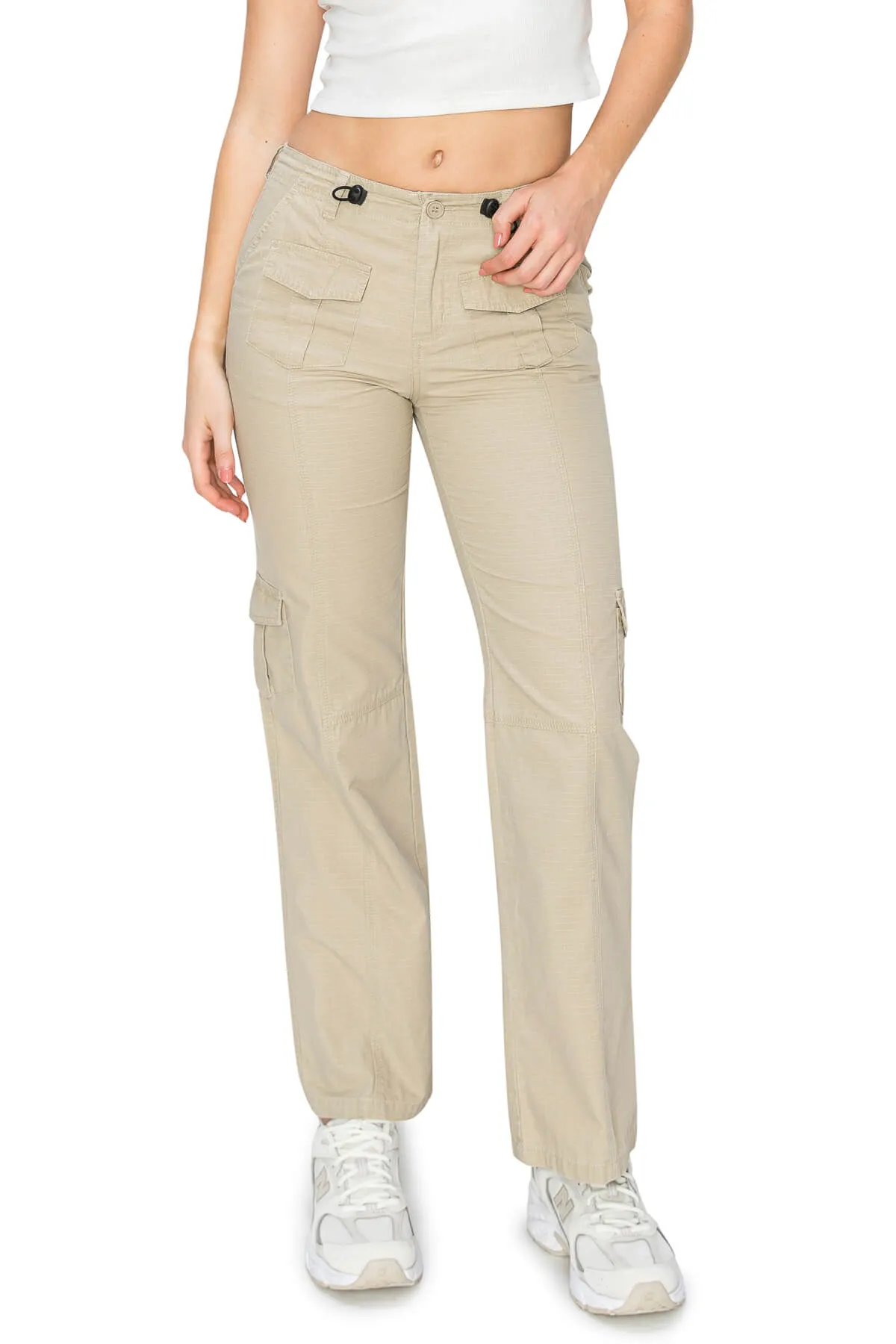 Mid Rise Adjustable Waist Cargo Pants - Khaki