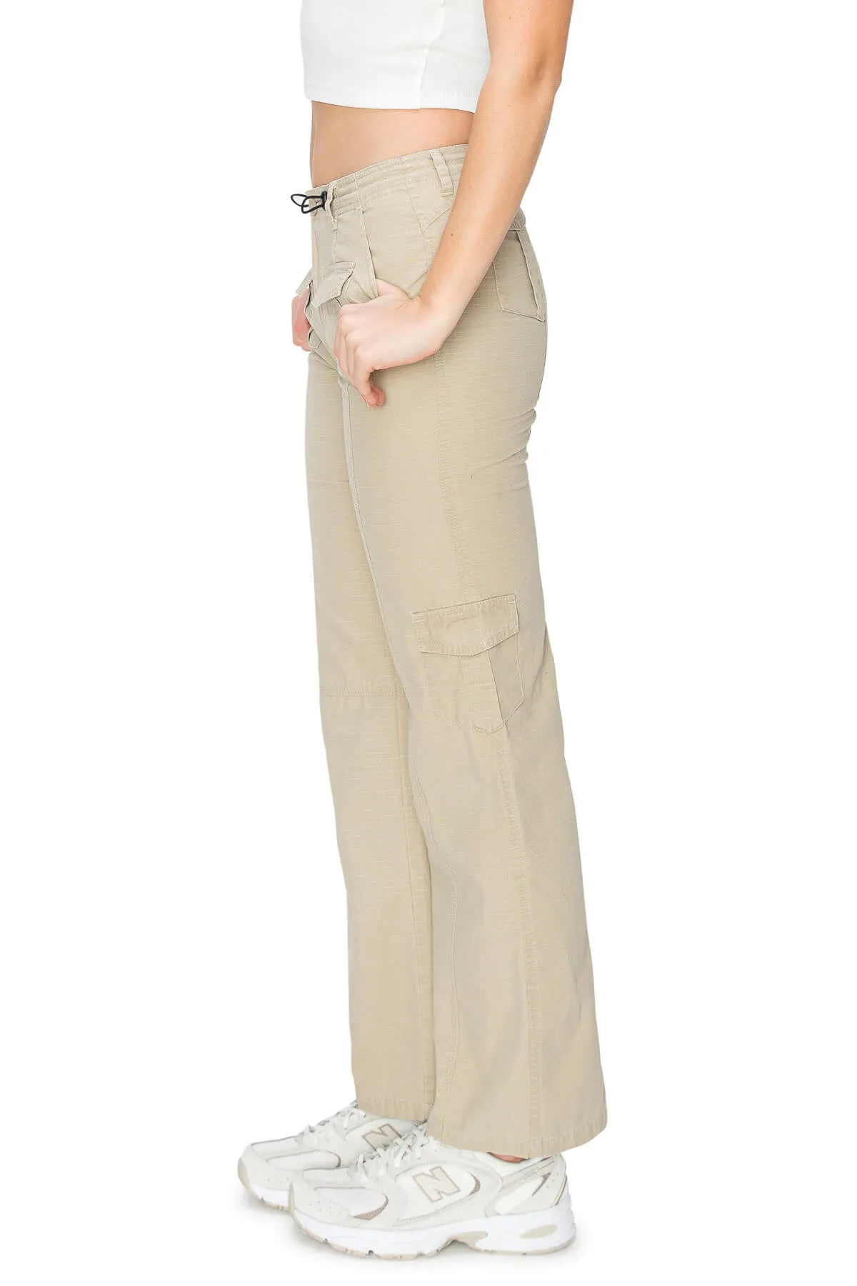 Mid Rise Adjustable Waist Cargo Pants - Khaki