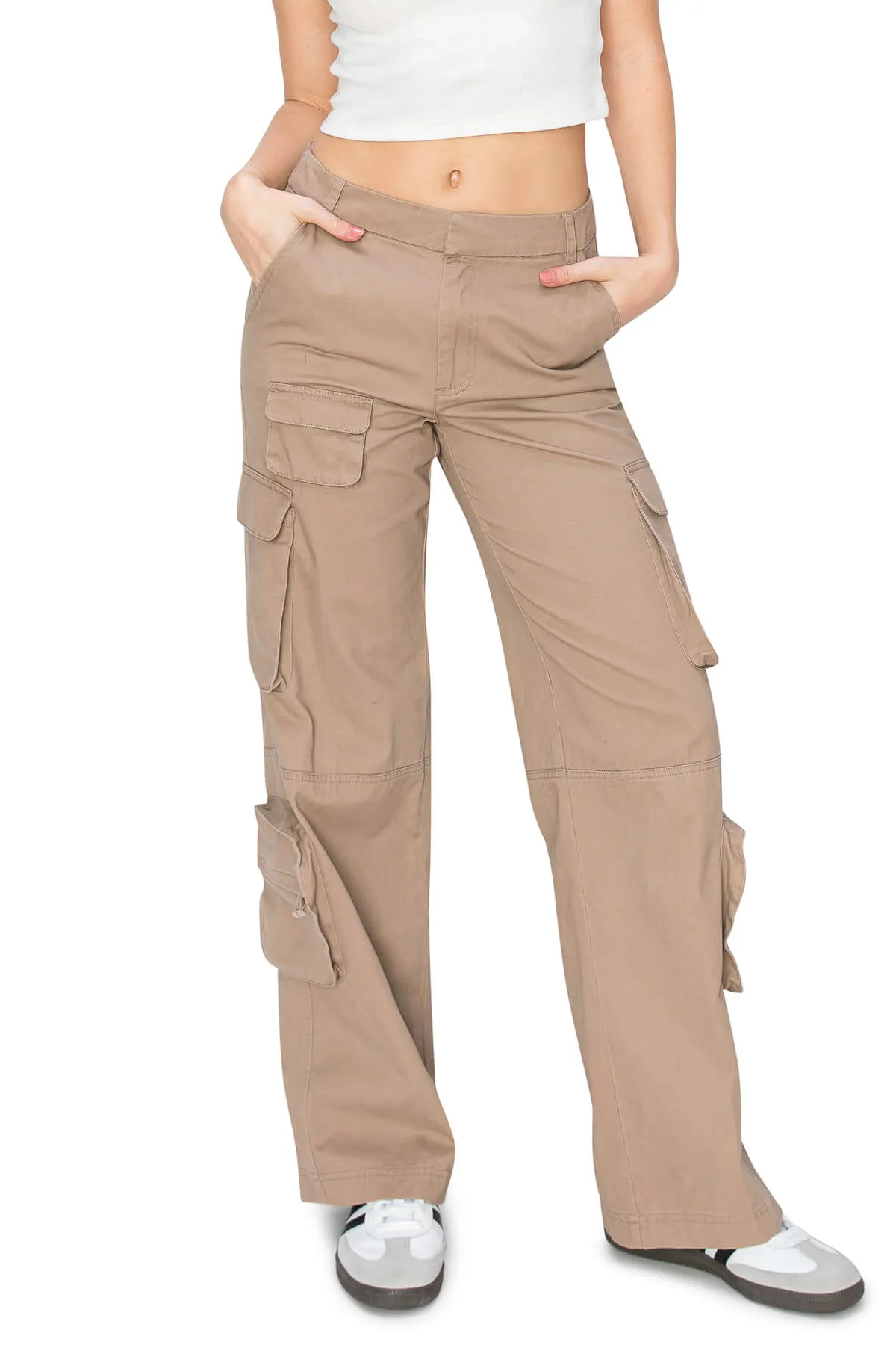 Mid Rise Cargo Puddle Pants - Taupe