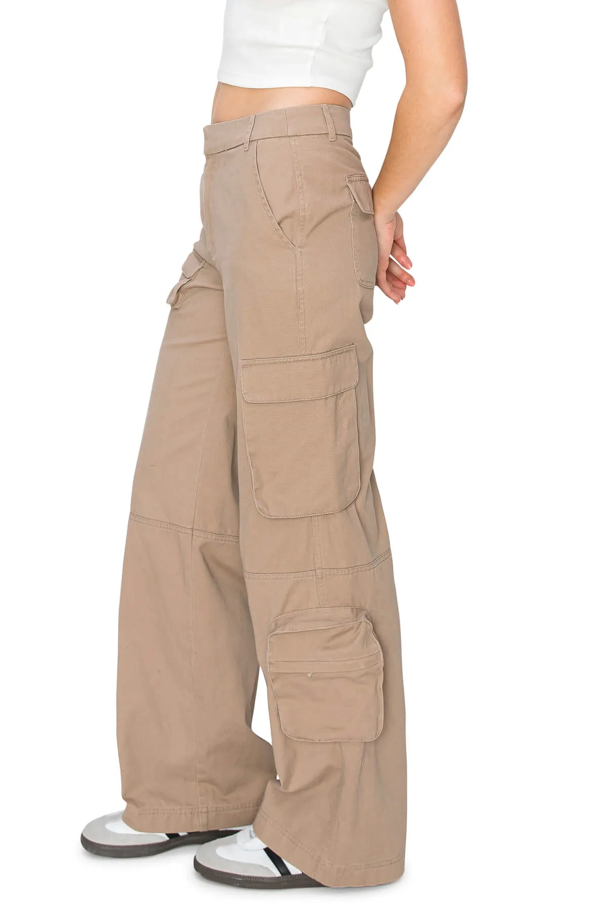 Mid Rise Cargo Puddle Pants - Taupe