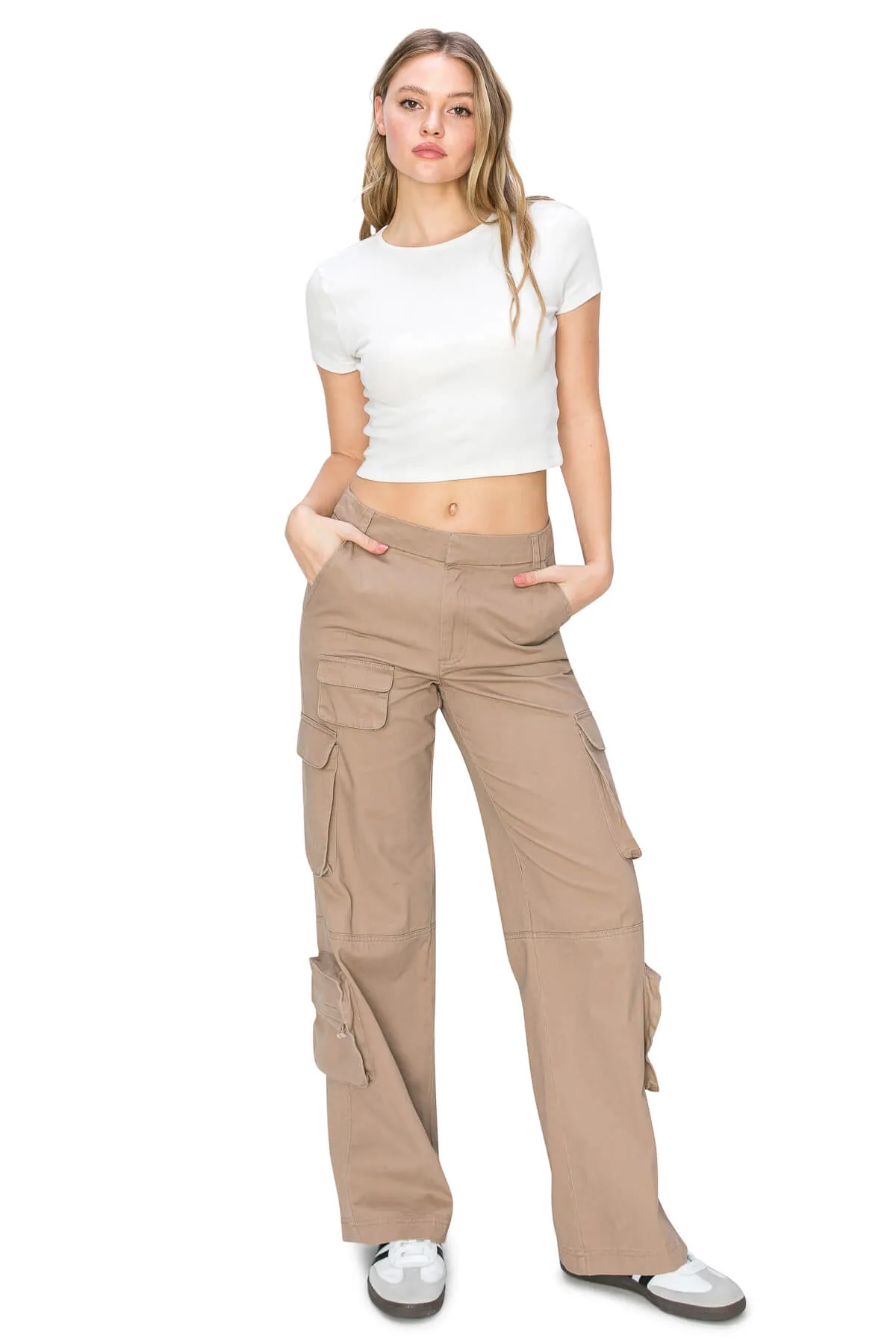 Mid Rise Cargo Puddle Pants - Taupe