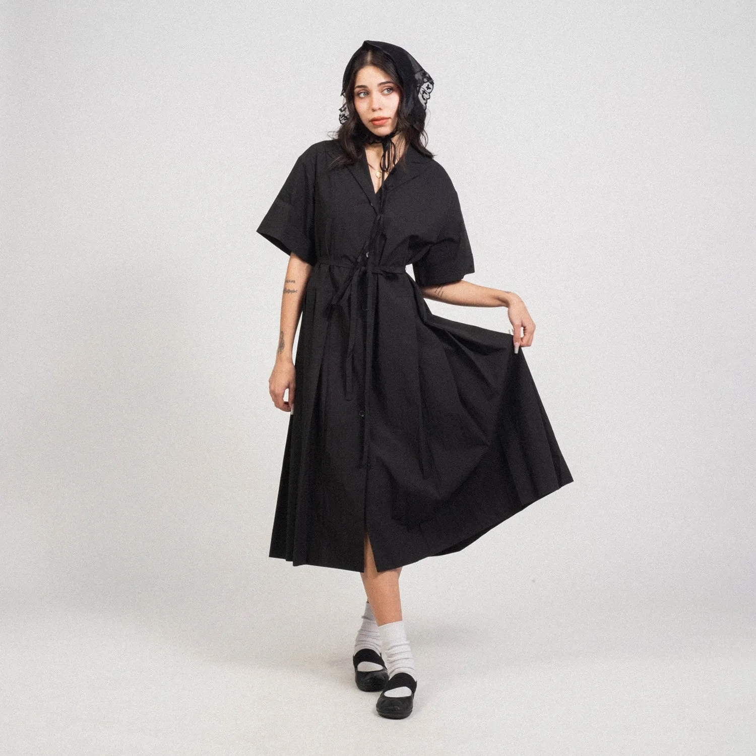 [MINJUKIM] BASIC PLEATED SHIRT DRESS _ BLACK