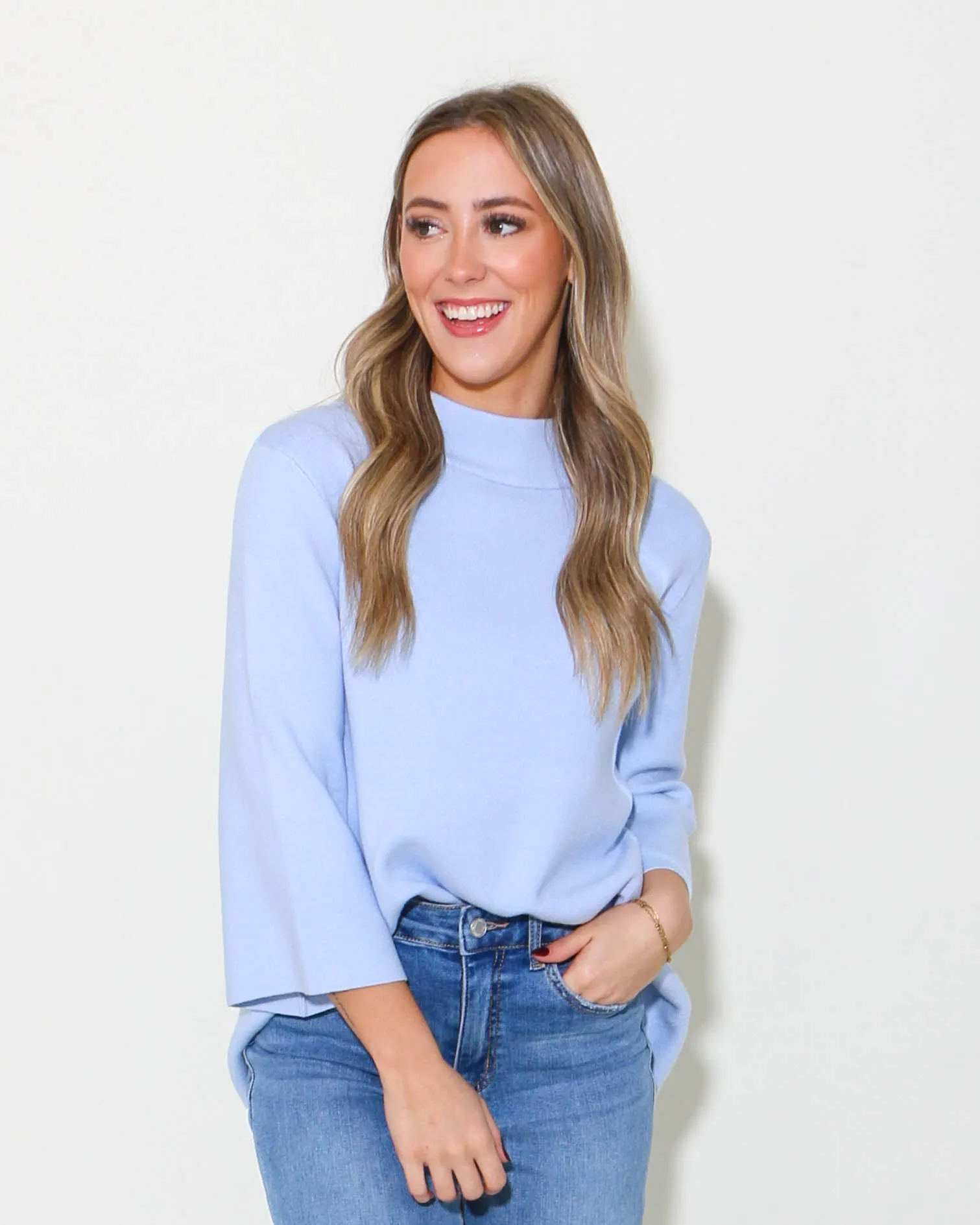 Mock Neck Pull Over Bell Sleeve Sweater in Baby Blue