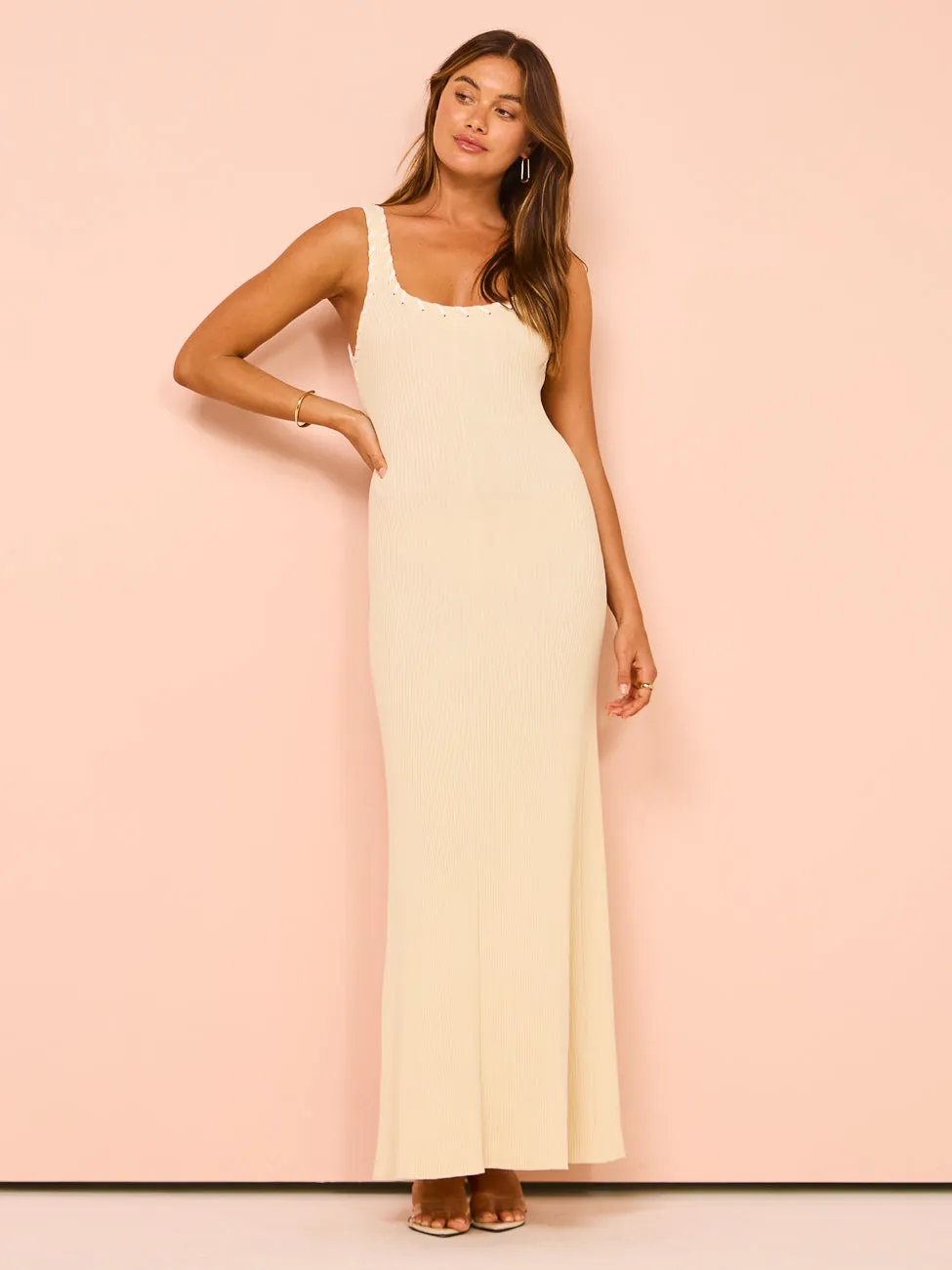 Mon Renn Outline Knit Midi Dress in Stone Ivory