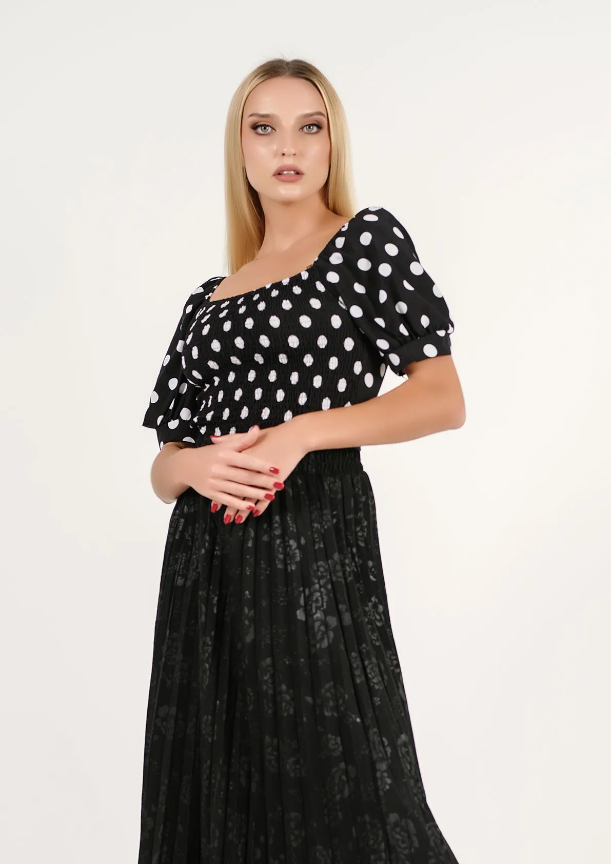 Monochrome Mélange: Polka-Dot Puff-Sleeve Top