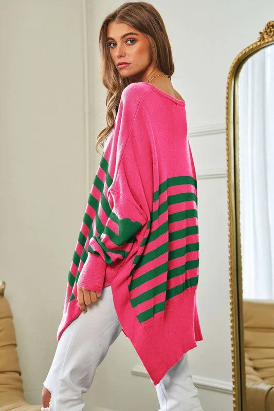 Multi Striped Elbow Patch Loose Fit Sweater Top