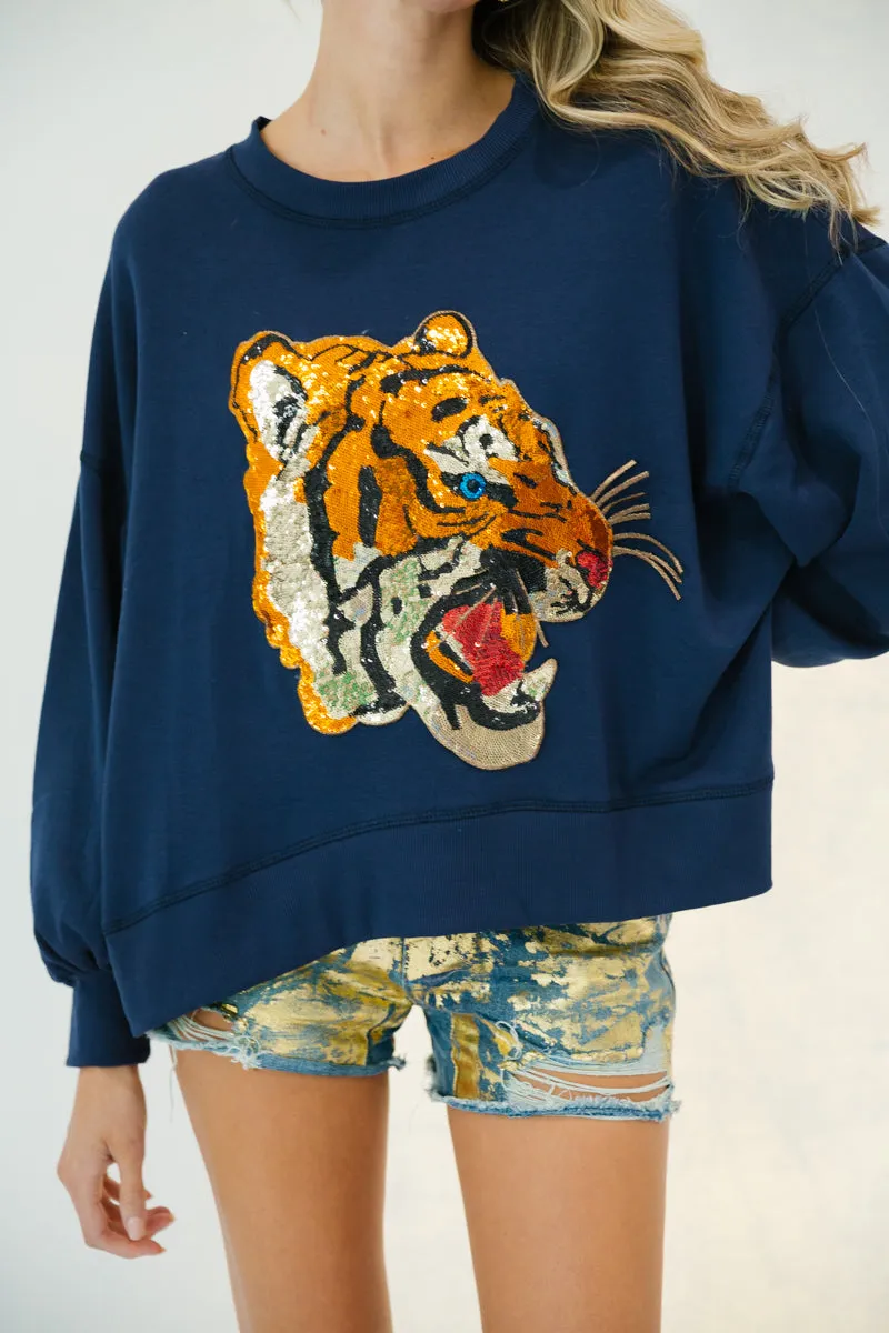 NAVY SEQUIN TIGER PULLOVER