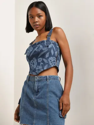 Nuon Dark Blue Floral Printed Denim Crop Top