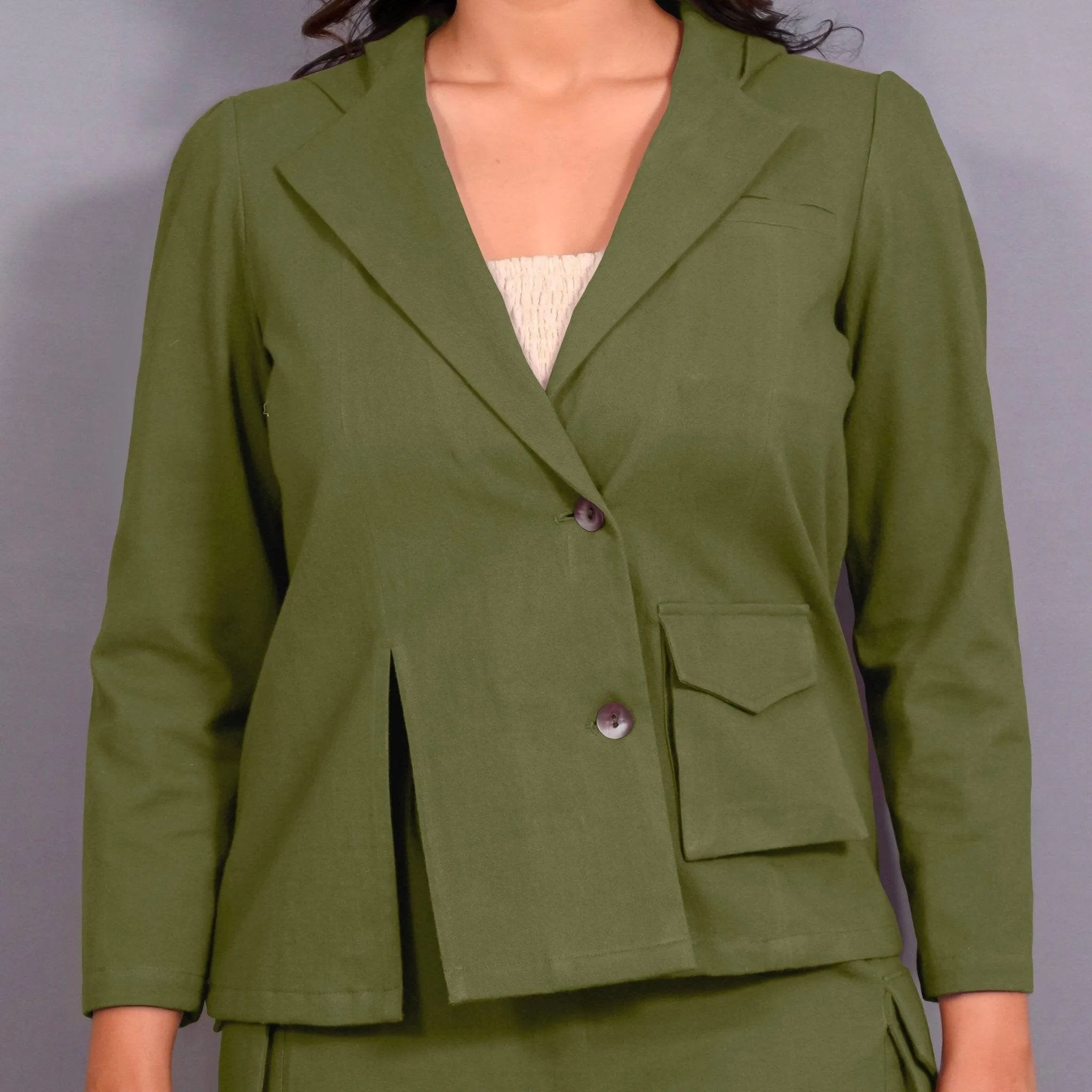 Olive Green Warm Cotton Flannel Single-Breasted Hoodie Blazer