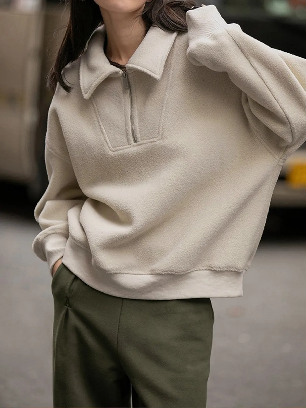 Open Collar Graceful Fleece Sweatshirt