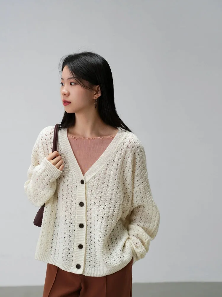 Oversized Open-Knit Button-Down Cardigan