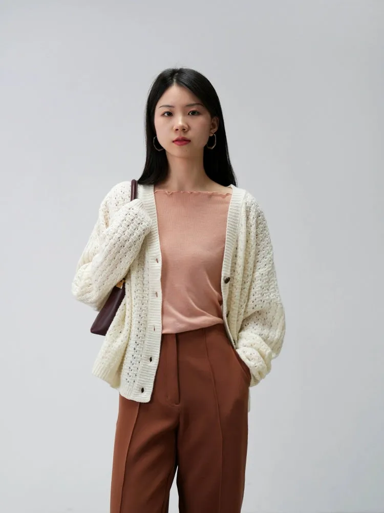 Oversized Open-Knit Button-Down Cardigan