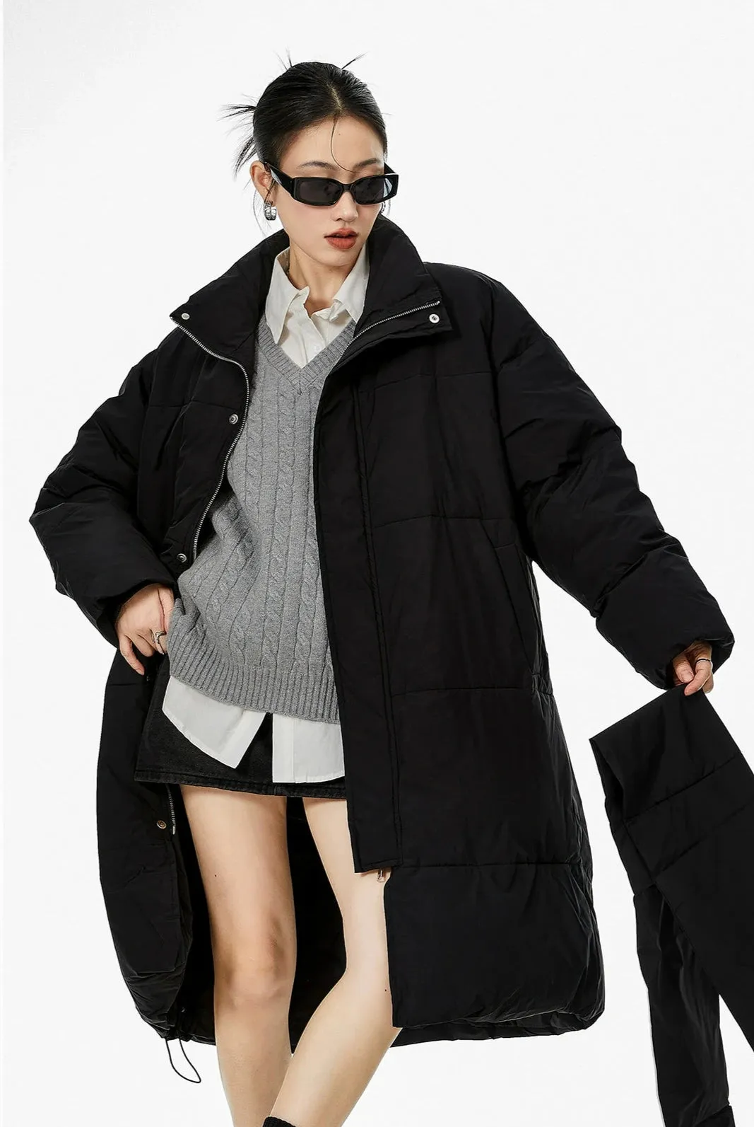 Oversized Stand Collar Puffer Coat with Scarf