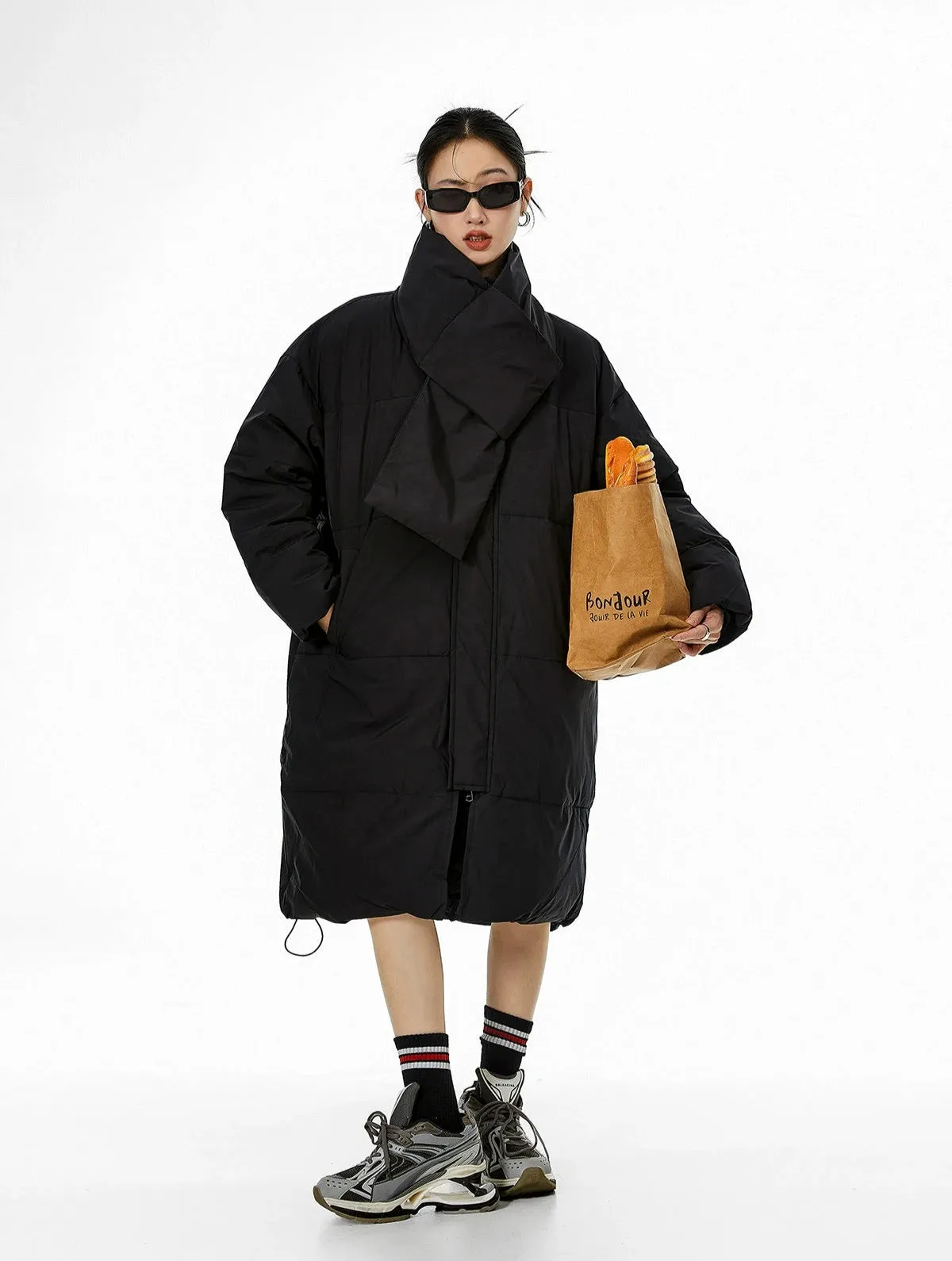 Oversized Stand Collar Puffer Coat with Scarf