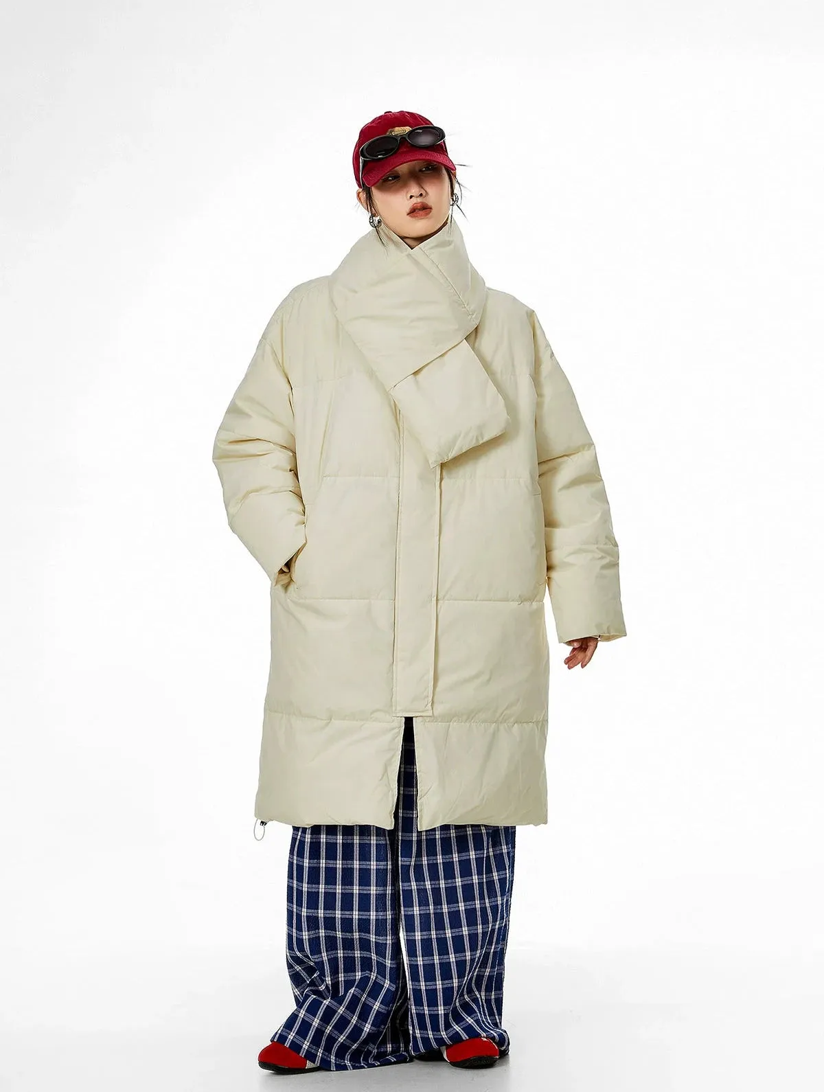 Oversized Stand Collar Puffer Coat with Scarf