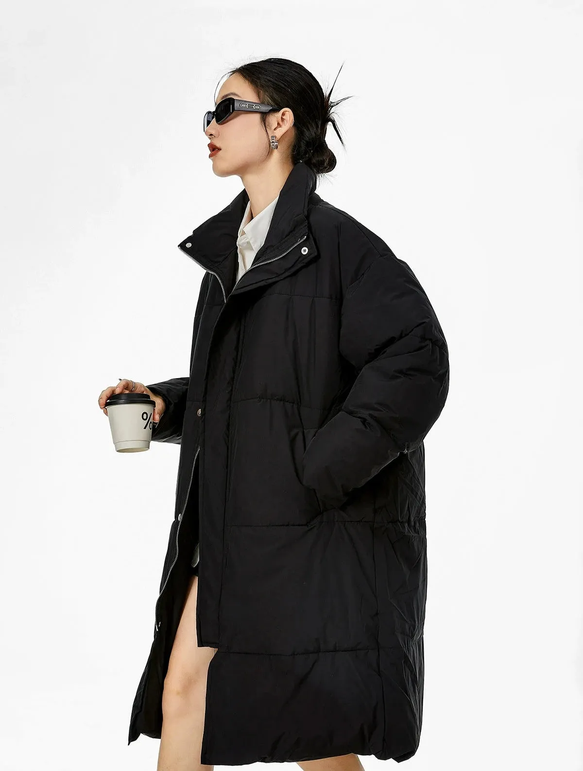 Oversized Stand Collar Puffer Coat with Scarf