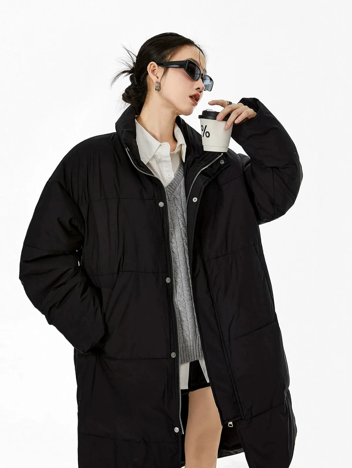 Oversized Stand Collar Puffer Coat with Scarf